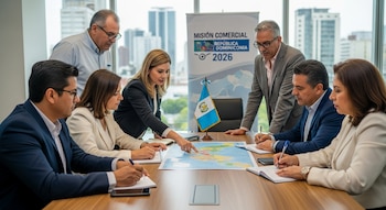 Grupo de ocho profesionales discutiendo en una mesa con un mapa, la bandera de Guatemala y un banner de "Misión Comercial República Dominicana 2026".
