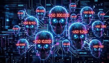 Múltiples cráneos con ojos azules brillantes y números rojos de dinero digital, conectados por circuitos sobre un fondo de código binario y palabras como HACKED y LOSS