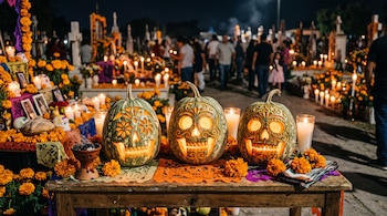 Tres chilacayotes tallados como calaveras e iluminados por dentro descansan sobre una mesa con flores de cempasúchil y papel picado.