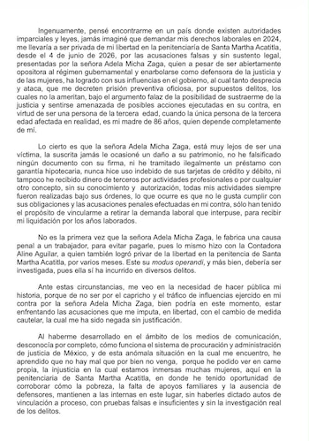 Desde el penal de Santa Martha Acatitla, Faugier acusa la fabricación de carpetas de investigación y denuncia el uso del aparato judicial para privarla de su libertad.