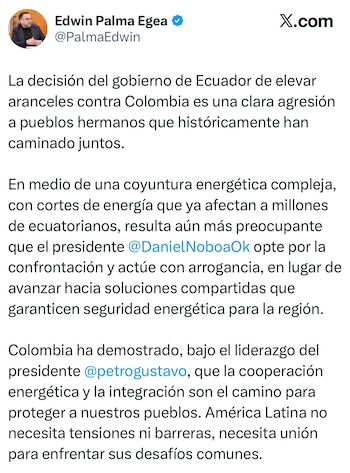 Colombia insiste en la necesidad de cooperación e integración regional, frente a la postura de confrontación asumida por Ecuador - crédito @PalmaEdwin/X