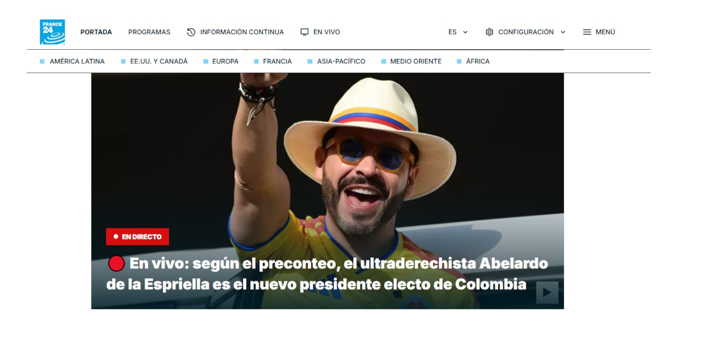 France 24 reportó de esta manera la victoria de Abelardo de la Espriella sobre Iván Cepeda - crédito suministrada a Infobae Colombia