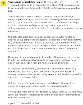 La procuraduría publicó el pronunciamiento oficial con condena a los ataques y directrices para las autoridades. - crédito @PGN_COL/X
