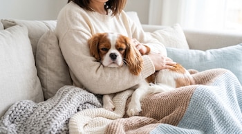 Una persona abraza a un perro cavalier king charles spaniel de pelaje blanco y marrón sobre un sofá con cojines y mantas tejidas de varios colores.