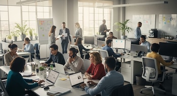 Oficina de planta abierta con numerosos profesionales sentados y de pie, usando computadoras, portátiles y teléfonos, con ventanas grandes y plantas.