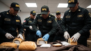 Agentes del INPE con uniformes oscuros y guantes cortan panes para revelar paquetes blancos de droga. Hay varios panes y bolsas de polvo en una mesa.