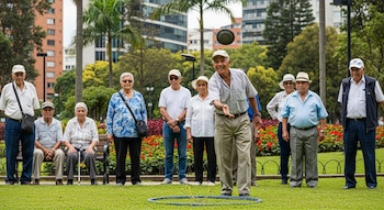 Un grupo de diez adultos mayores juega tejo en un parque verde con edificios y árboles al fondo. Un hombre lanza un disco mientras otros observan.