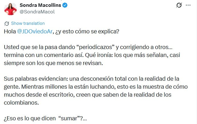 La candidata presidencial criticó al exdirector del Dane por sus comentarios contra Buenaventura - crédito @SondraMacol/X