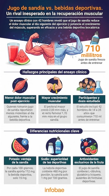 Infografía comparativa con jugo de sandía, bebida deportiva, brazos musculosos. Íconos y texto sobre ensayo clínico, dolor, crecimiento, participantes y datos nutricionales.