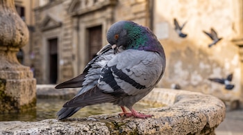 Una paloma gris con tonos verdes en el cuello se limpia las plumas sobre una fuente de piedra con edificios de fondo.
