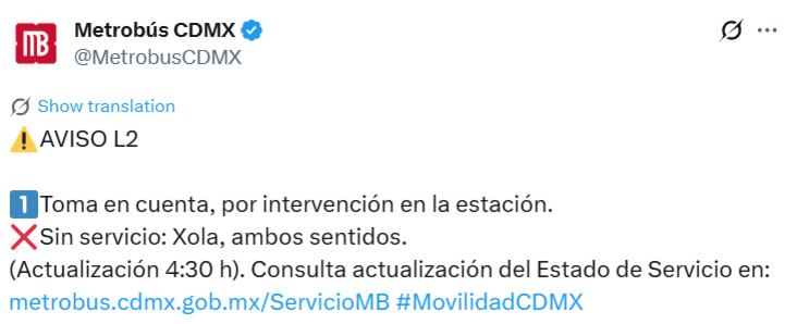 Avance en tiempo real de la red de transporte público de la capital. (TW MB CDMX)