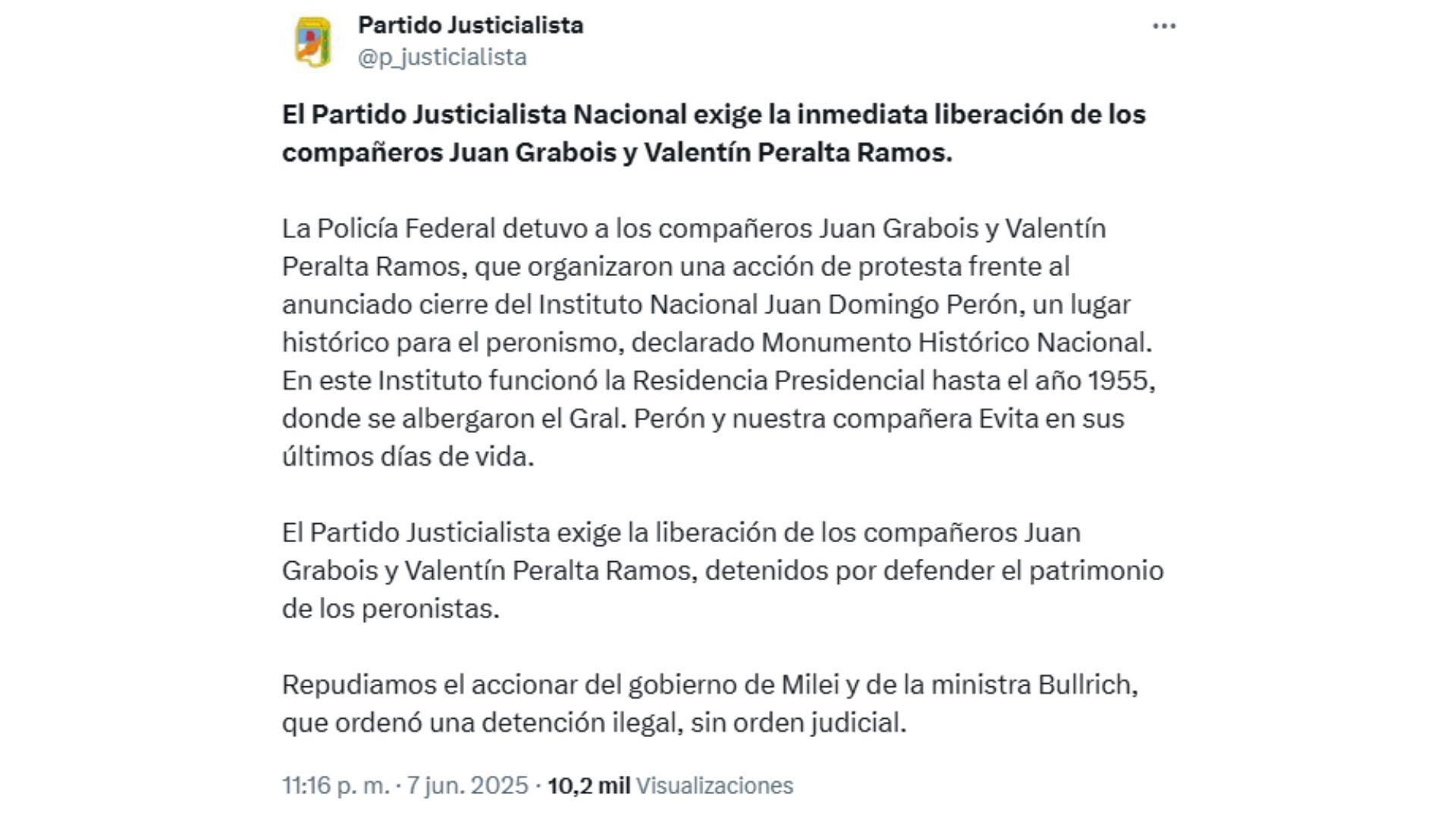 El mensaje emitido por el partido peronista en redes sociales (X: @p_justicialista)