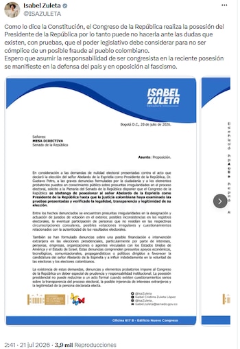 Pacto Histórico pidió al Congreso no posesionar a Abelardo de la Espriella ante dudas sobre legitimidad - crédito @ISAZULETA/X