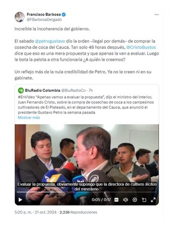 Francisco Barbosa cuestionó incoherencia de Gustavo Petro sobre compra de hoja de coca