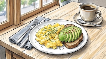 Ilustración de un plato de huevos revueltos con cebollino, tostada con aguacate rebanado y una taza de café en una mesa de madera, cerca de una ventana