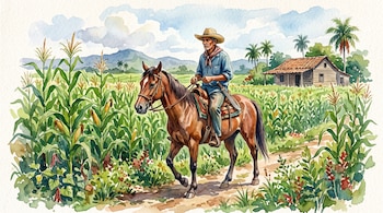 Ilustración en acuarela de un hombre con sombrero montado a caballo en un campo de maíz junto a una casa de madera.