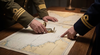 Manos de dos militares en uniforme sobre una mesa de madera con cartas náuticas del Atlántico Sur y una brújula metálica abierta.