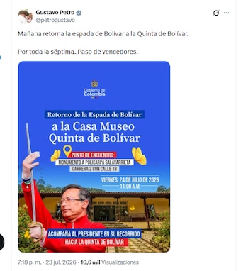 El presidente Gustavo Petro informó que regresará la espada de Bolívar a la Casa Museo Quinta de Bolívar - crédito @petrogustavo/X
