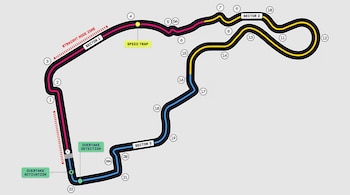 Diagrama de un circuito de carreras con tramos en rosa, amarillo y azul, curvas numeradas del 1 al 22 e indicadores de velocidad