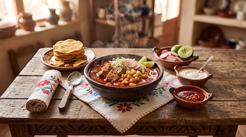 Un cuenco de barro con pozole humeante, un plato con tostadas de maíz, una cuchara y recipientes con rábanos, lima y salsas.