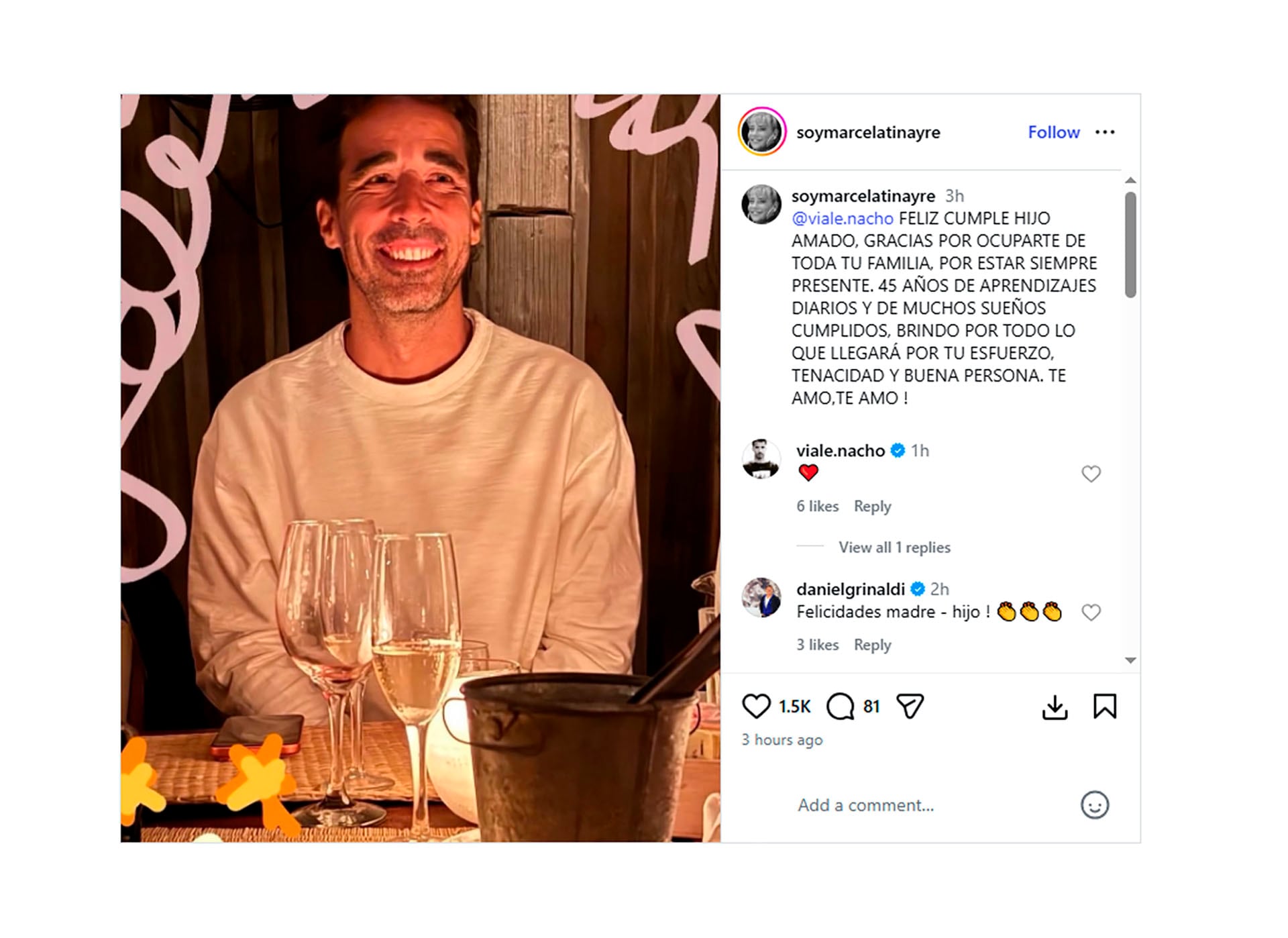 El posteo de Marcela Tinayre para Nacho Viale