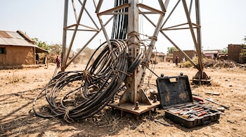 Base metálica de una torre con cables enrollados y un maletín de herramientas abierto sobre un suelo de tierra seco.