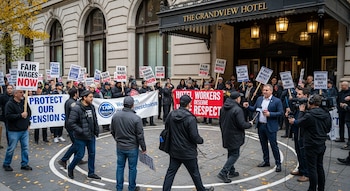 Grupo de trabajadores de hotel en huelga se manifiesta frente al The Grandview Hotel con pancartas. Un reportero entrevista a un hombre mientras otros filman.