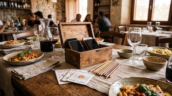 Mesa de madera con platos de pasta, copas de vino, una caja con teléfonos móviles, lápices de colores y tarjetas ilustradas.