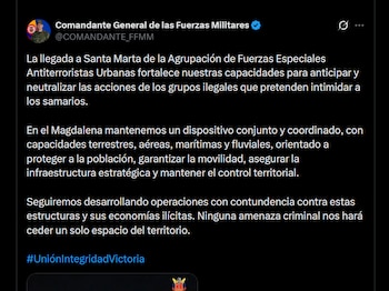 Las Fuerzas Militares combinan patrullajes terrestres, vigilancia fluvial y sobrevuelos con equipos de visión nocturna en el Magdalena - crédito X