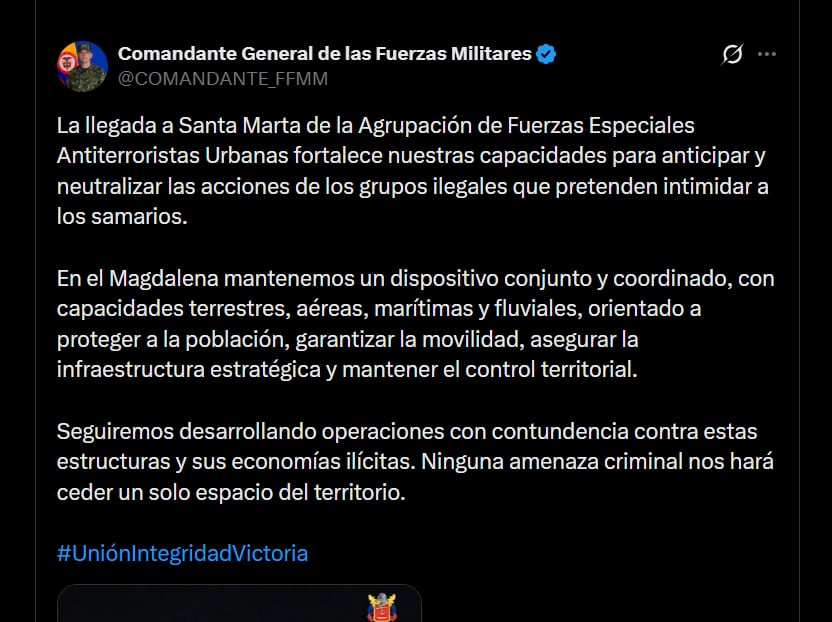 Las Fuerzas Militares combinan patrullajes terrestres, vigilancia fluvial y sobrevuelos con equipos de visión nocturna en el Magdalena - crédito X