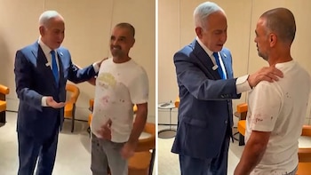 El primer ministro Benjamin Netanyahu recibió en el aeropuerto Ben Gurion a Yuval Hayun, el pasajero que redujo al agresor dentro del avión.