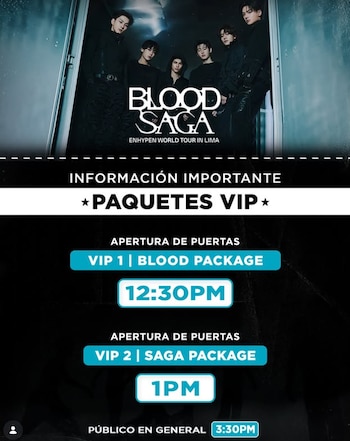 Seis miembros de ENHYPEN en la parte superior. Información sobre los horarios de apertura de puertas para paquetes VIP y público general: 12:30 PM, 1 PM y 3:30 PM