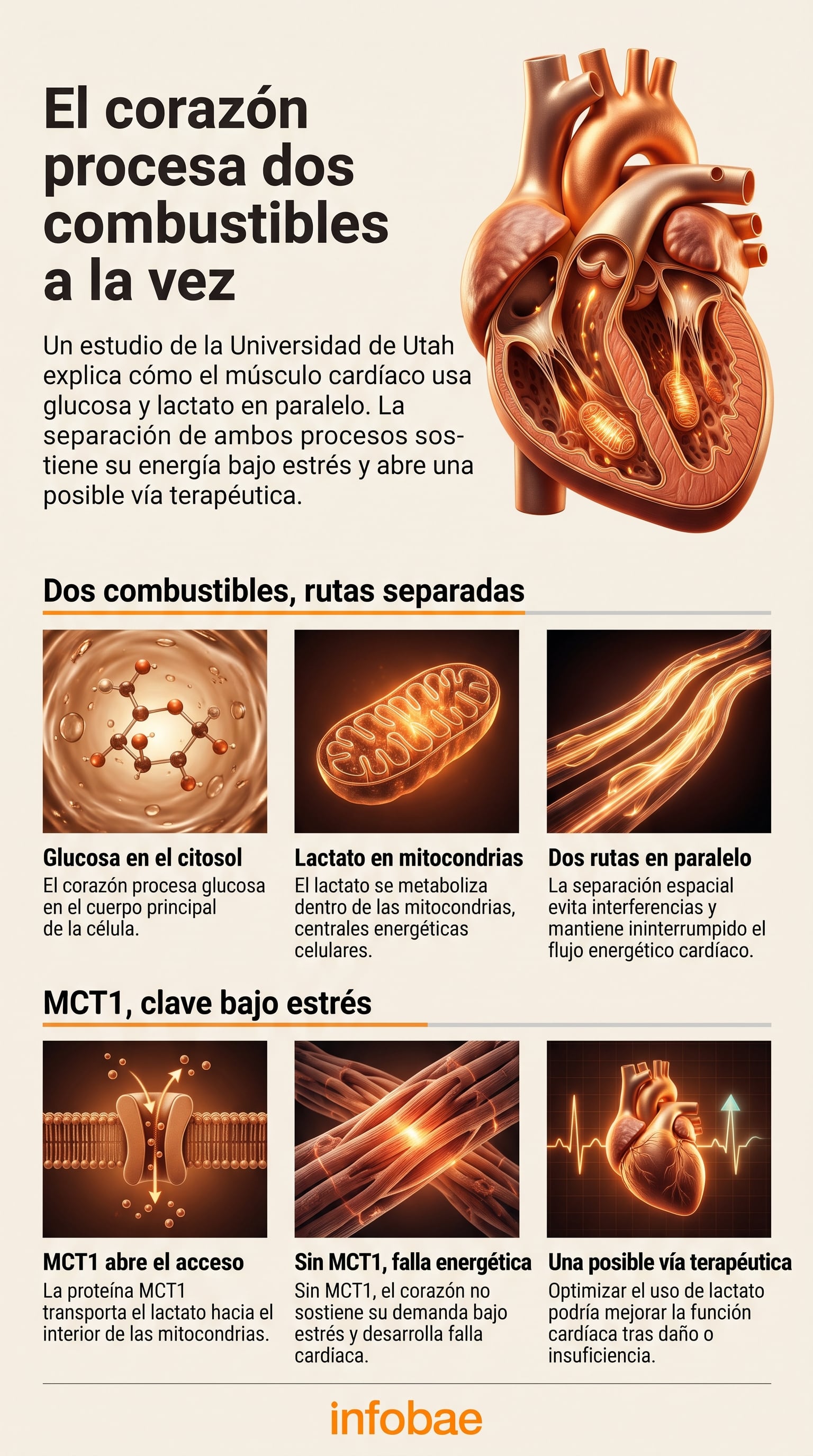 Una infografía presenta el mecanismo celular identificado por la Universidad de Utah que permite al corazón procesar glucosa y lactato al mismo tiempo (Imagen Ilustrativa Infobae)
