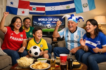 Una familia sonriente y emocionada ve un partido del Mundial 2026 en televisión, vistiendo camisetas de fútbol y rodeados de banderas centroamericanas.