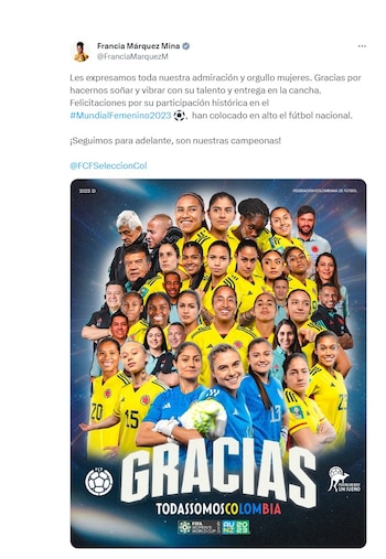 Trino de felicitación de la vicepresidenta, Francia Márquez, a la Selección Colombia Femenina. (Captura de pantalla)