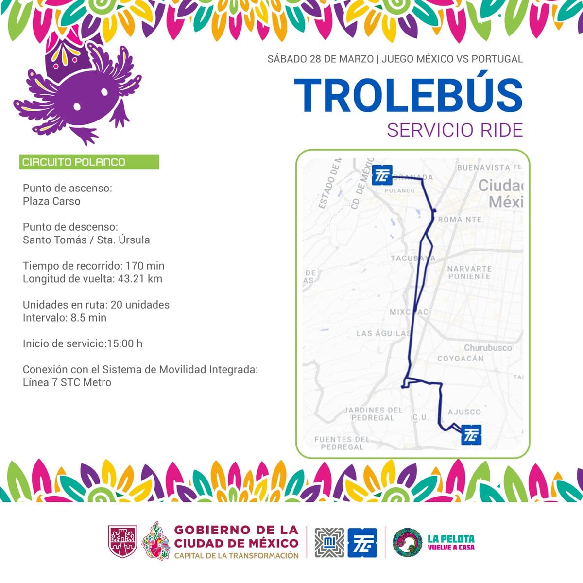 Trolebús rutas partido México-Portugal CDMX (@STECDMX/X)