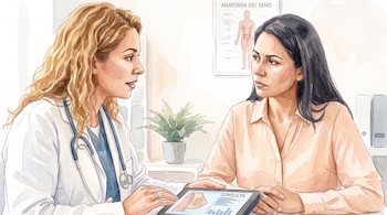 Una médica con bata sostiene una tableta digital frente a una paciente sentada en un escritorio dentro de un consultorio.