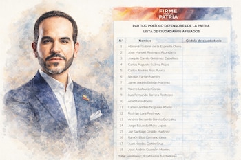 Retrato ilustrado de Abelardo de la Espriella, logo Firme por la Patria, y tabla con 26 nombres de afiliados fundadores de partido político.