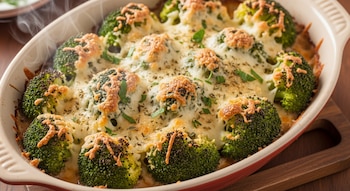 Primer plano de un plato ovalado de cerámica con brócoli gratinado con queso parmesano y hierbas, humeando ligeramente y recién salido del horno.