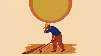 Ilustración de un hombre con sombrero y azadón que trabaja sobre tierra agrietada bajo un gran círculo amarillo y naranja.