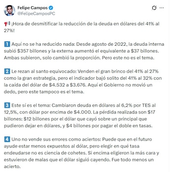 Felipe Campos, gerente de Inversión y Estrategia Alianza Valores y Fiduciaria, dijo que la deuda de Colombia no se ha reducido - crédito @FelipeCamposPC/X