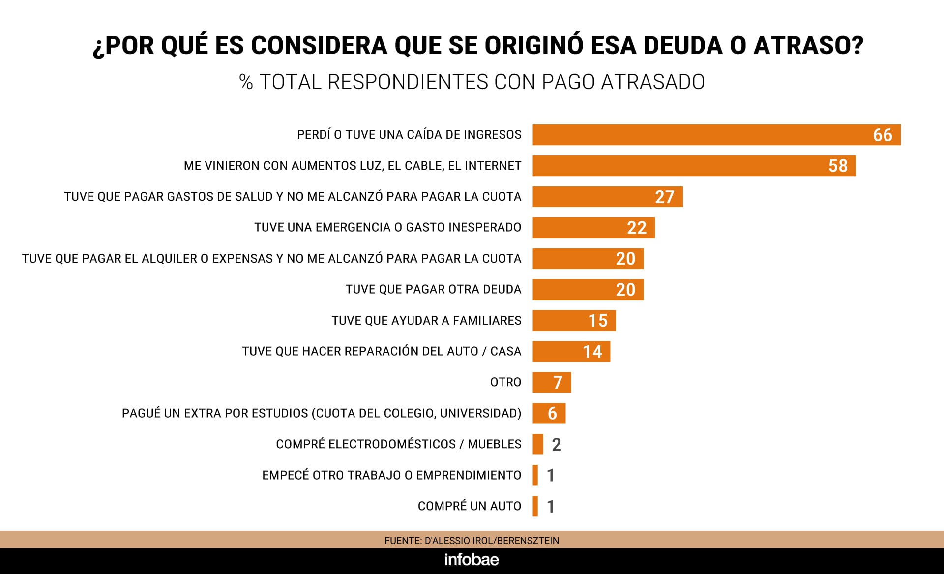 Un gráfico de D'Alessio IROL/Berensztein señala que la caída de ingresos y el aumento de tarifas son los principales motivos del retraso en el pago de deudas.