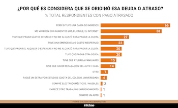 Gráfico de barras horizontales naranjas con porcentajes que indican las razones del retraso en el pago de deudas de un grupo de encuestados