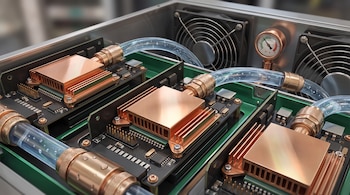 Placas de circuitos con bloques de cobre, mangueras transparentes con líquido, acoples metálicos, ventiladores de rejilla y un manómetro analógico.