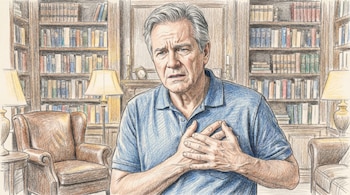 Ilustración de un hombre mayor con camisa azul, con las manos cruzadas sobre el pecho, de pie frente a dos estanterías con libros.