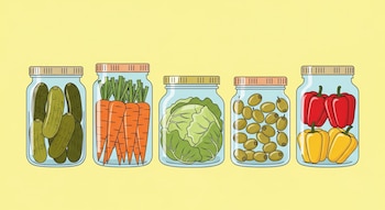 Ilustración plana de cinco frascos de conservas alineados, conteniendo pepinillos, zanahorias, una col, aceitunas y morrones rojos y amarillos, sobre fondo amarillo pastel.