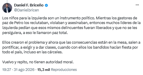 Daniel Briceño dijo que el petrismo no tiene “autoridad moral” para cuestionar al Gobierno - crédito @Danielbricen/X