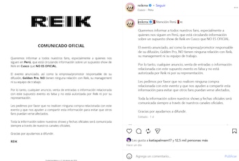 Logotipo de Reik, texto de comunicado oficial y captura de pantalla de una publicación de Instagram. Ambos desmienten un concierto falso en Perú