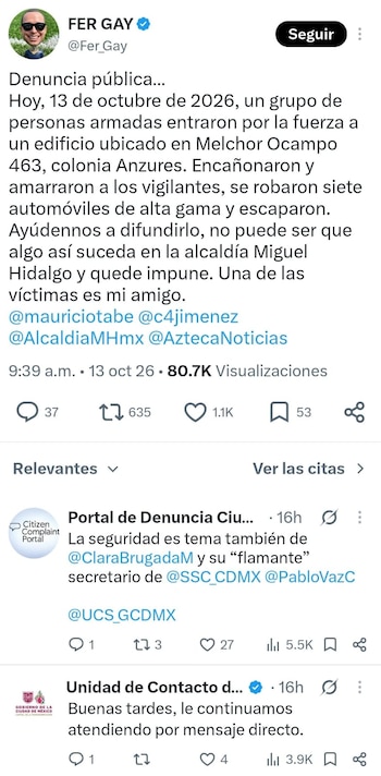 Captura de pantalla de una publicación en la red social X realizada por el usuario Fer Gay sobre la denuncia de un robo