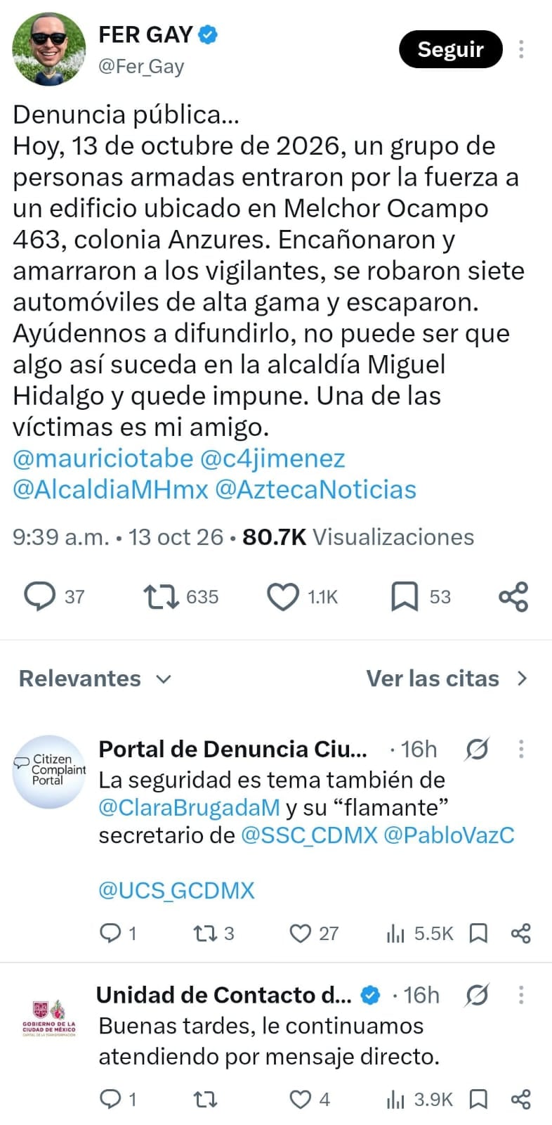 Una publicación en la red social X reporta un asalto a mano armada y el robo de siete vehículos en un inmueble de la colonia Anzures, ubicada en la alcaldía Miguel Hidalgo. (X: Fer Gay)